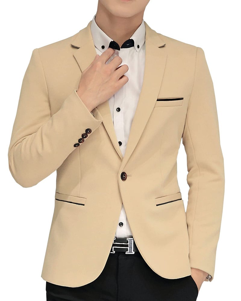 DAVID.ANN Men's Slim Fit Suits Casual One Button Flap Pockets Solid Blazer Jacket,Khaki,Large - Image 4